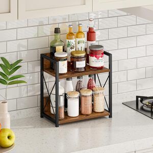 2 Tier Kitchen Organizer Rack Storage Shelf Countertop Coffee Bar Wood Metal